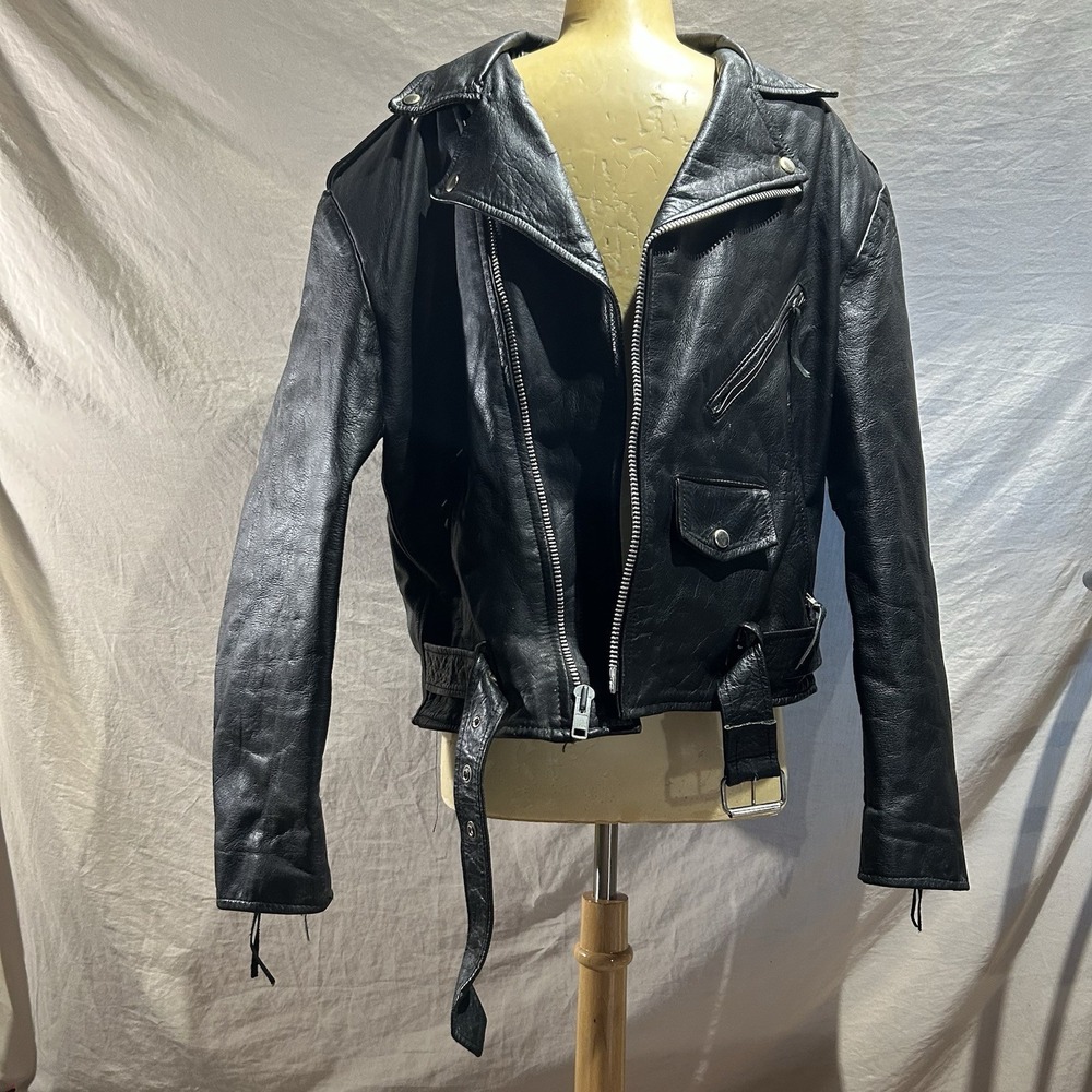 Vintage Wilsons Leather Mens L Black Biker Motorcycle Jacket Thinsulate Belted